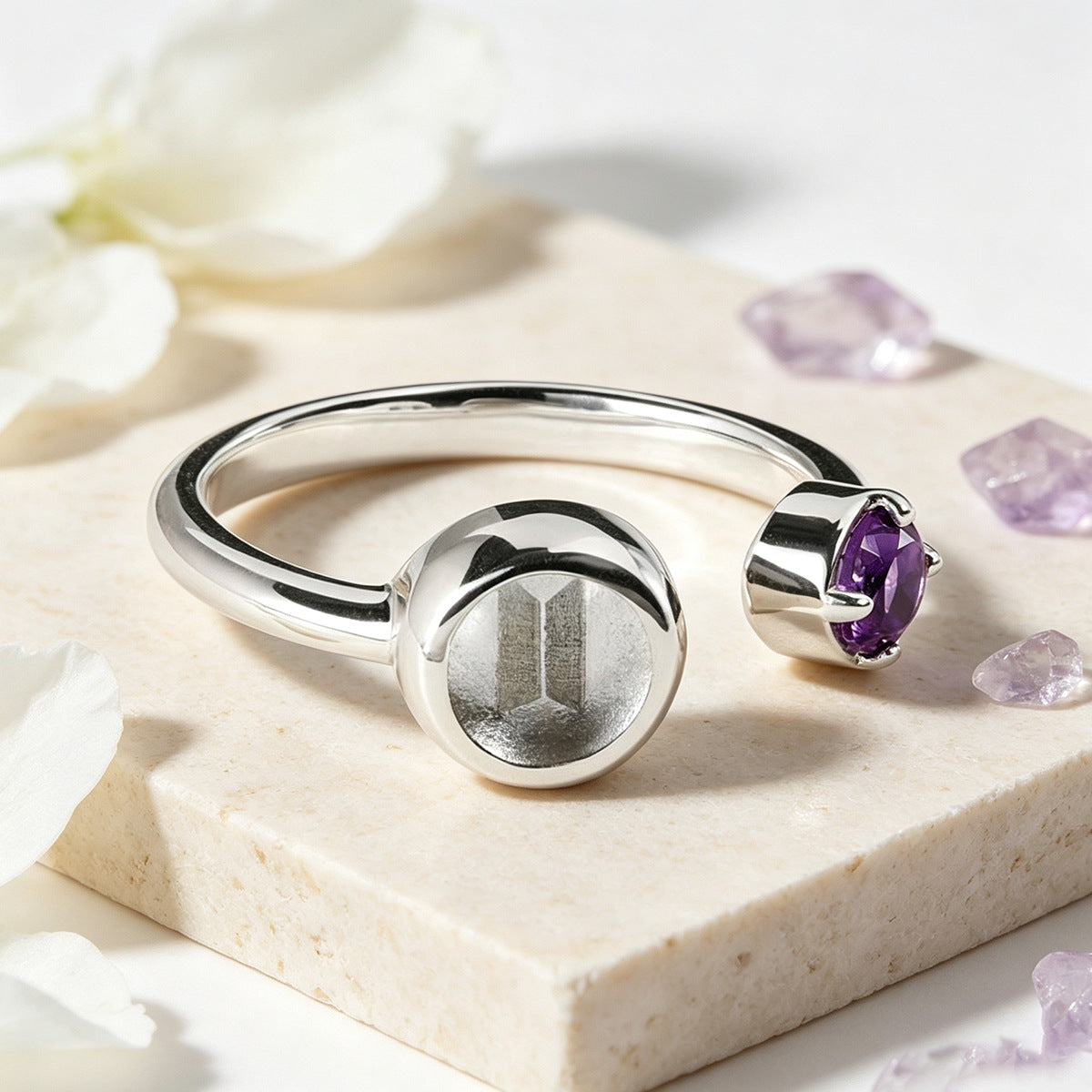 BTS Logo & Purple Gemstone Ring | Adjustable
