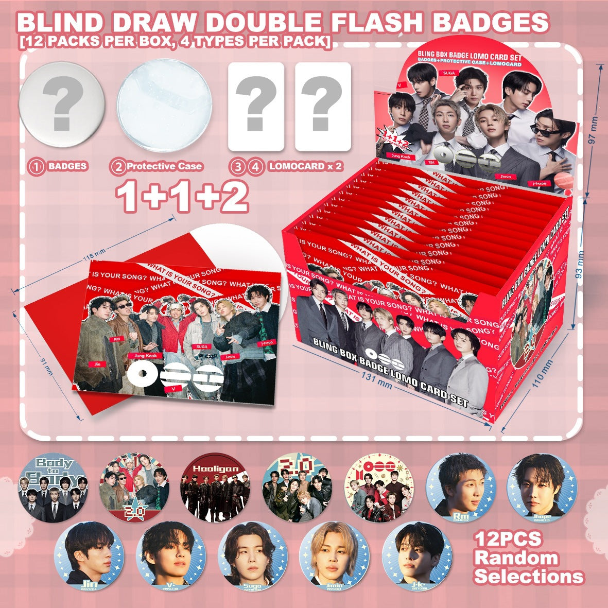 BTS Blind Box Double Flash Badge & Lomo Card Set (12 Packs/Box)