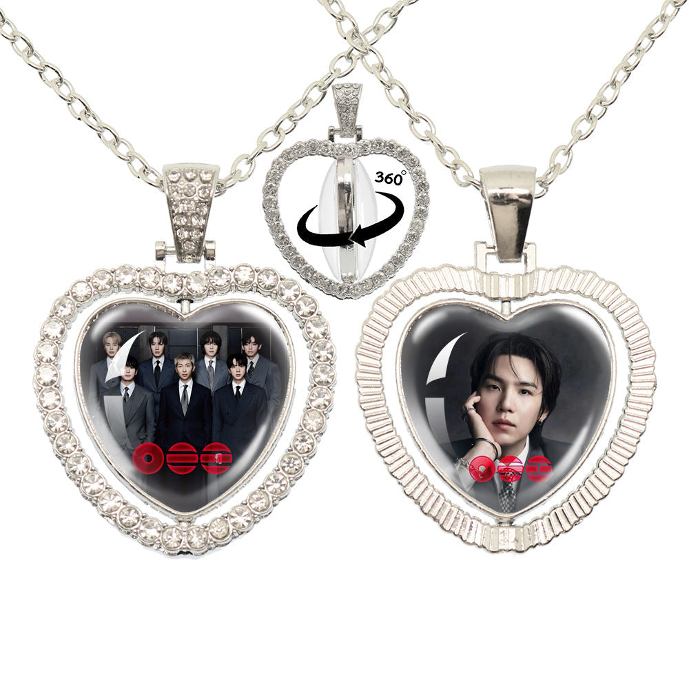 BTS Photo Rotating Rhinestone Heart Pendant Necklace