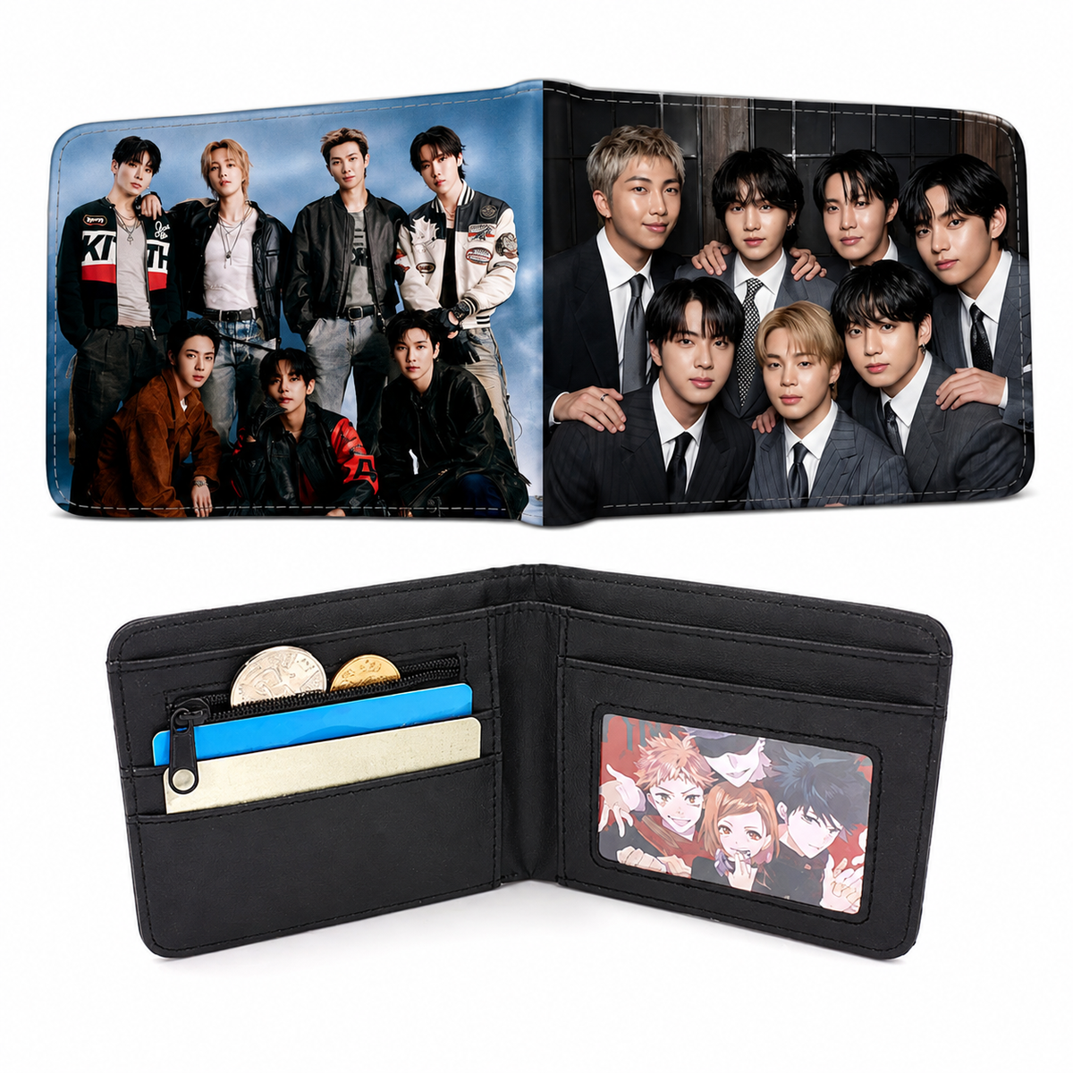 BTS Group Photo Printed Bifold Leather Wallet with Coin Pocket