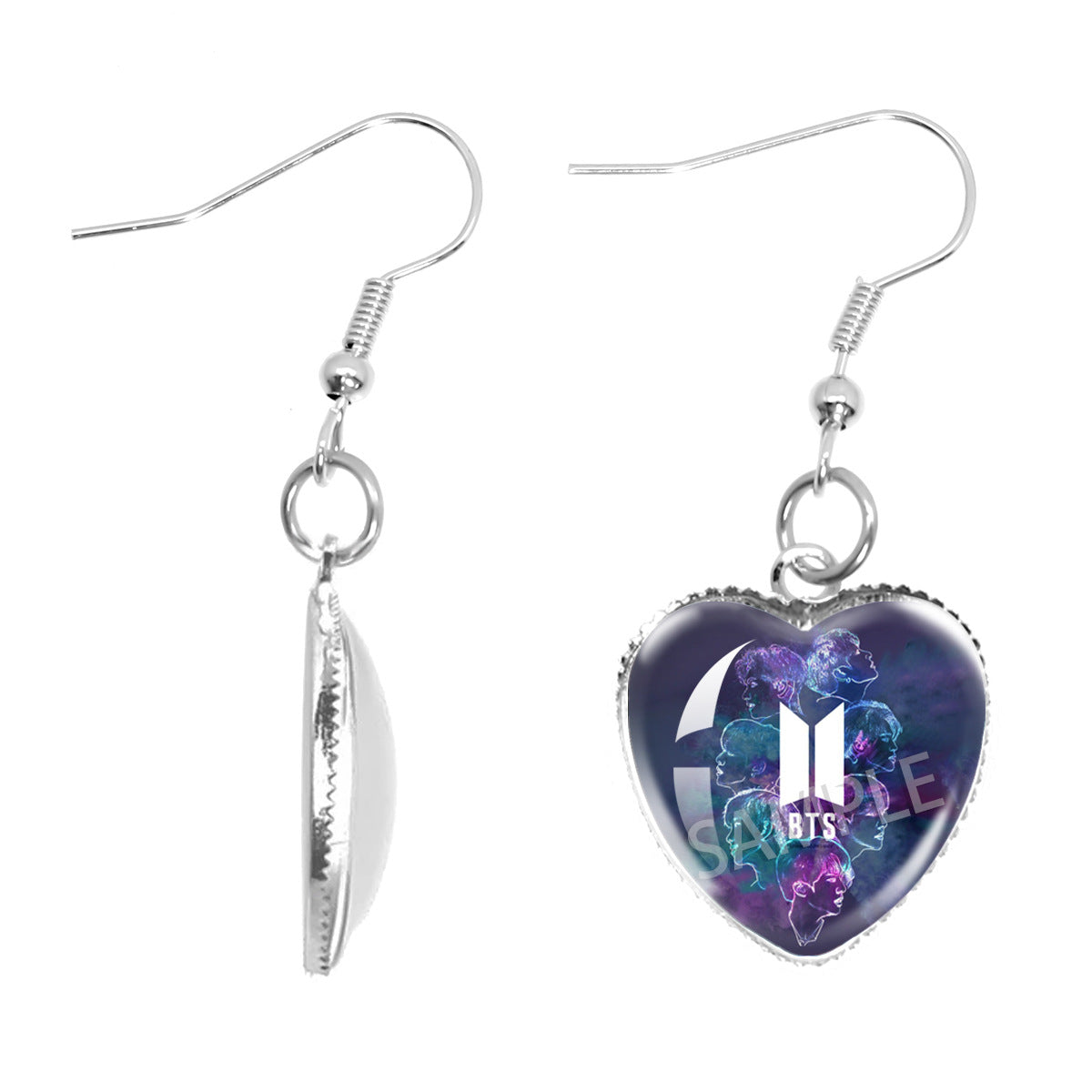 BTS Heart-Shaped Glass Cabochon Dangle Earrings