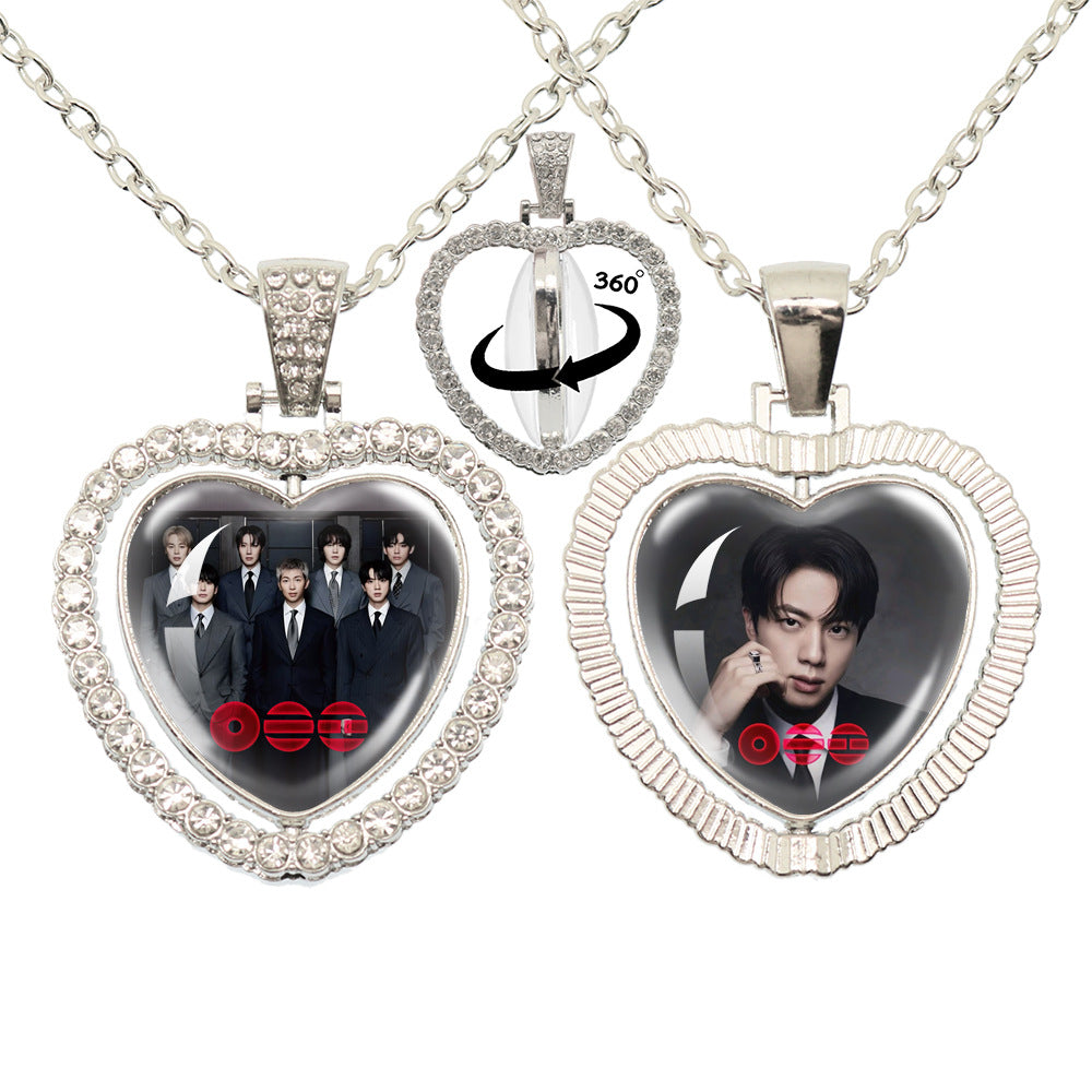 BTS Photo Rotating Rhinestone Heart Pendant Necklace
