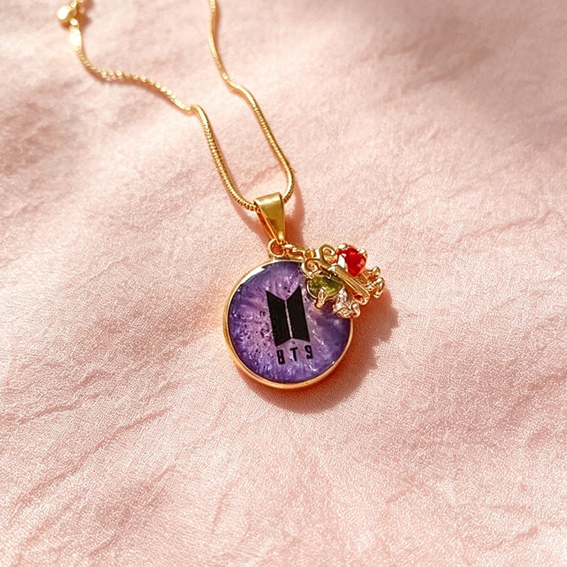 BTS Purple Resin Logo Pendant Gold-Tone Charm Necklace