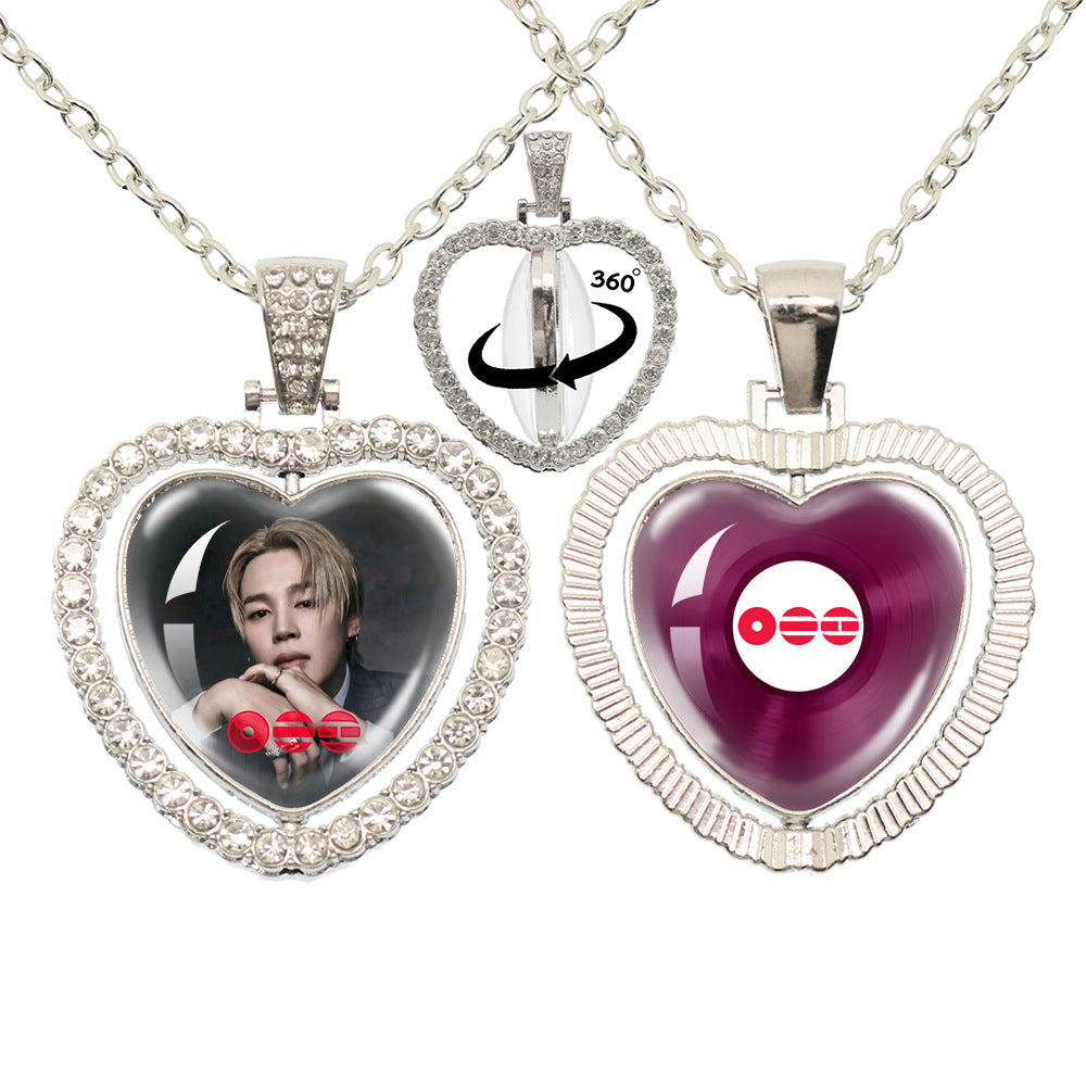 BTS Photo Rotating Rhinestone Heart Pendant Necklace
