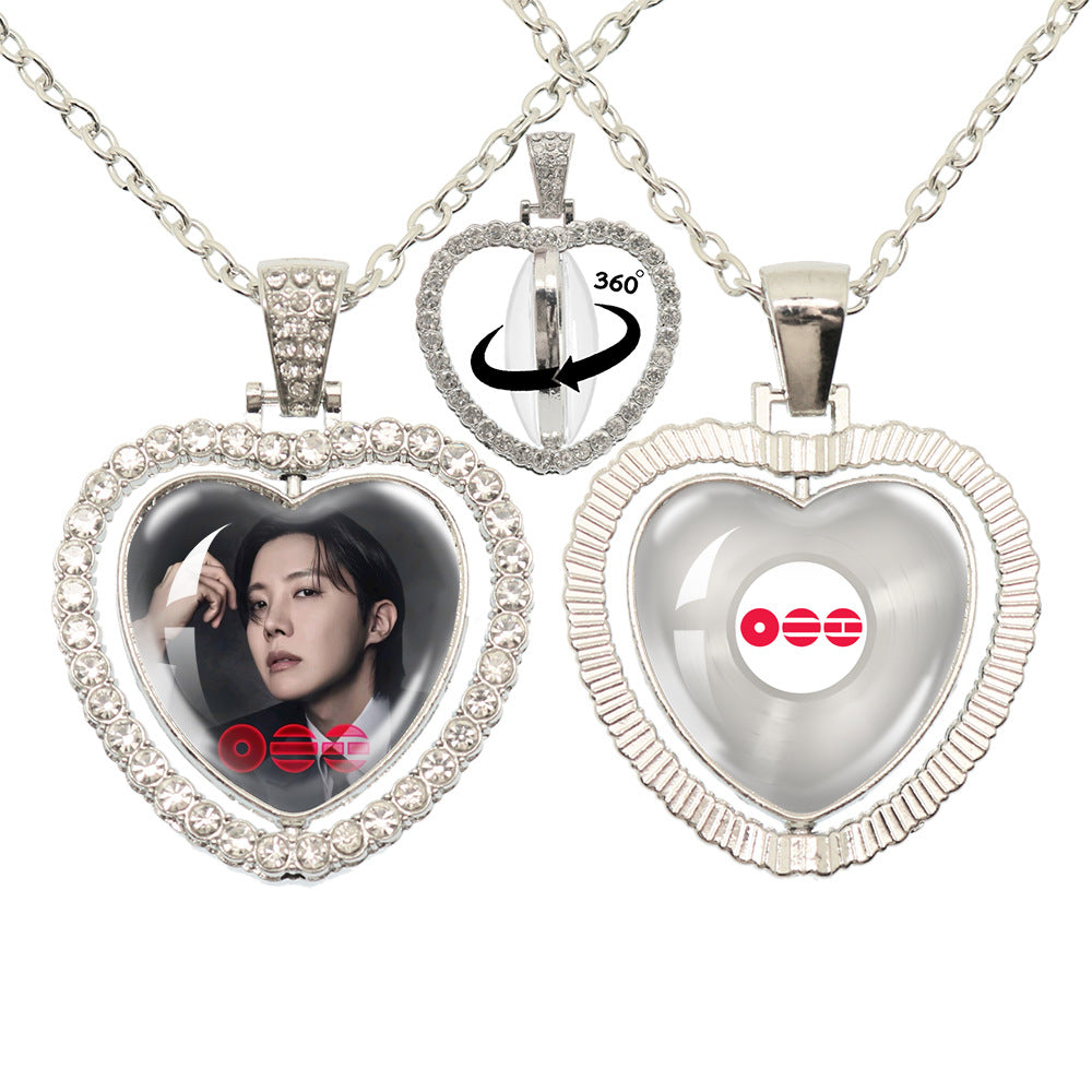 BTS Photo Rotating Rhinestone Heart Pendant Necklace