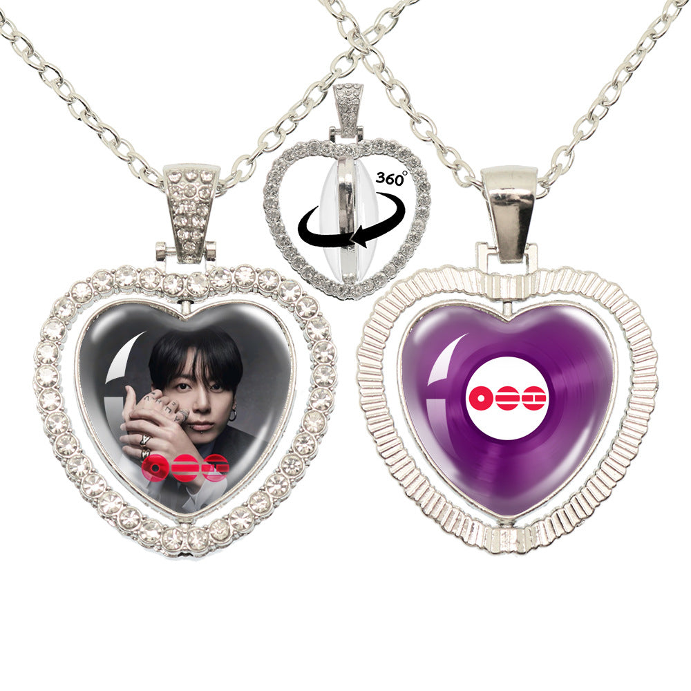 BTS Photo Rotating Rhinestone Heart Pendant Necklace