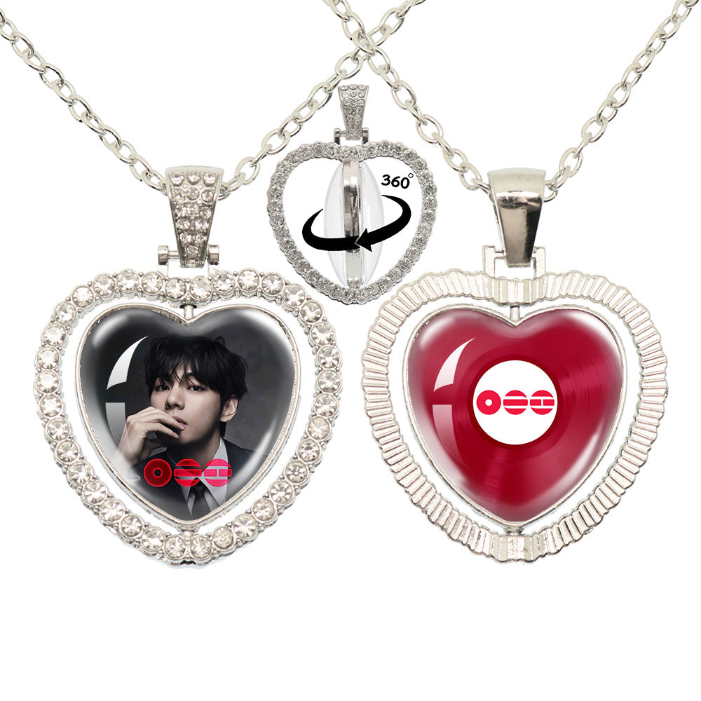 BTS Photo Rotating Rhinestone Heart Pendant Necklace