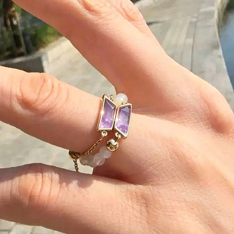 BTS Crystal & Bead Adjustable Gold-Tone Ring