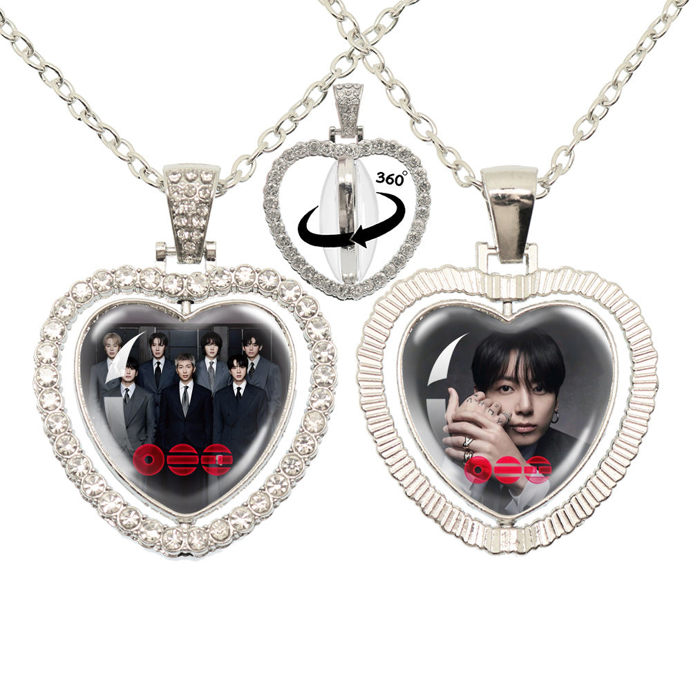 BTS Photo Rotating Rhinestone Heart Pendant Necklace