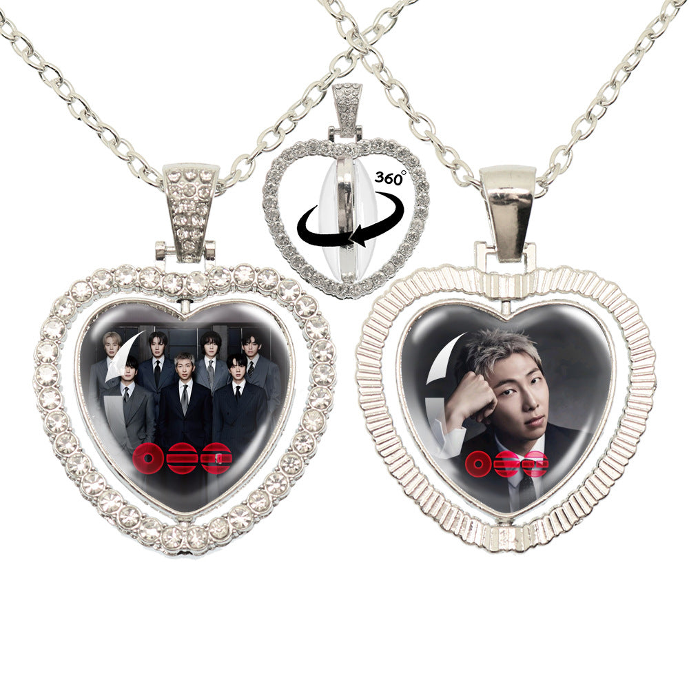 BTS Photo Rotating Rhinestone Heart Pendant Necklace
