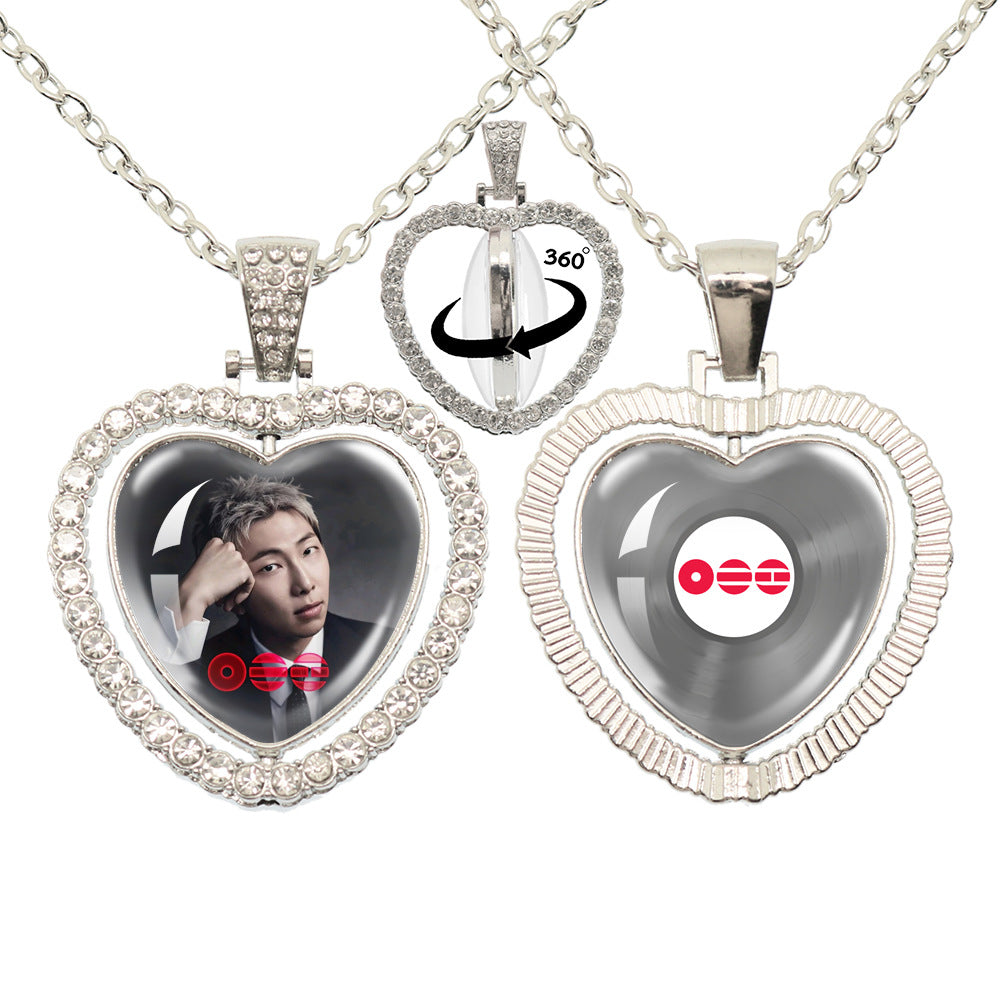 BTS Photo Rotating Rhinestone Heart Pendant Necklace