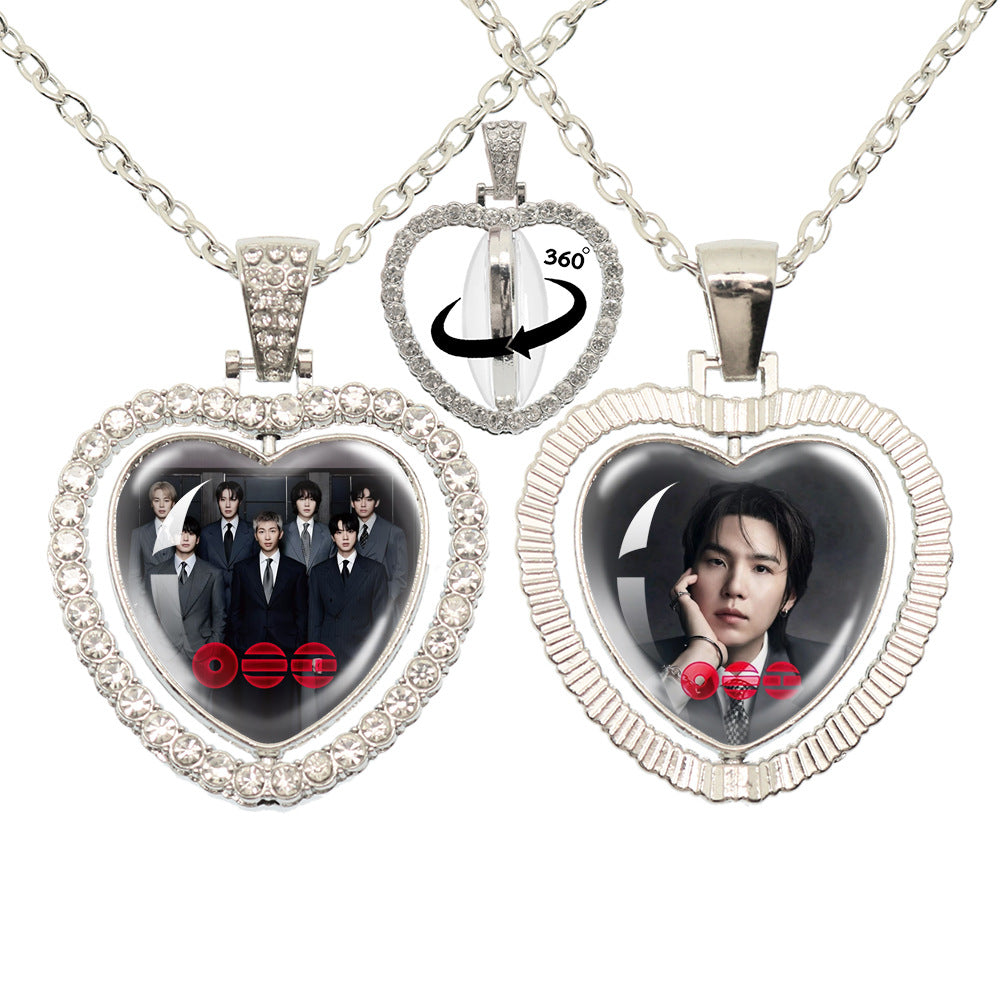 BTS Photo Rotating Rhinestone Heart Pendant Necklace