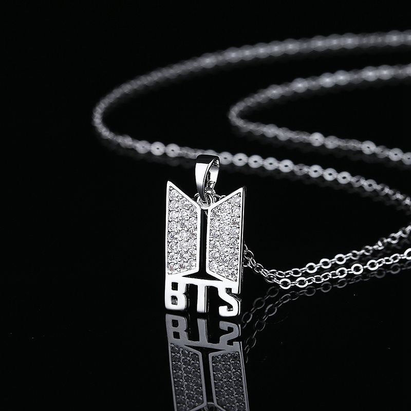 BTS Logo Crystal Rhinestone Pendant Necklace (Silver & Rose Gold)