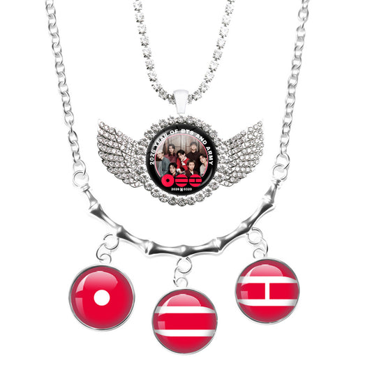BTS Angel Wings & Time Gem Dangle Charm Layered Necklace Set