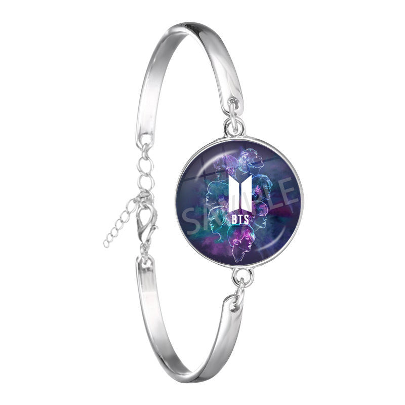 BTS Glass Cabochon Silver-Tone Bangle Bracelet