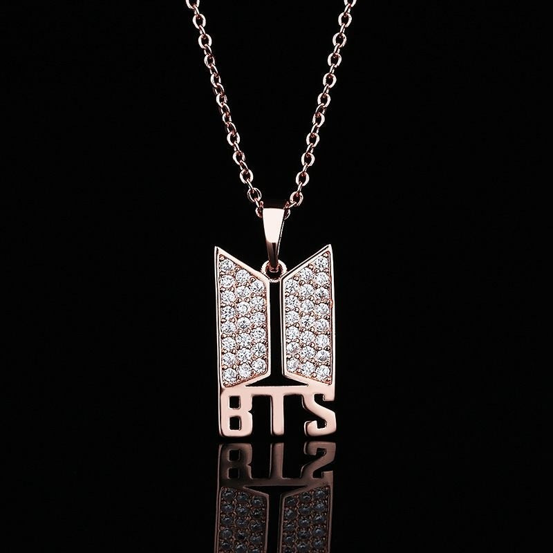 BTS Logo Crystal Rhinestone Pendant Necklace (Silver & Rose Gold)