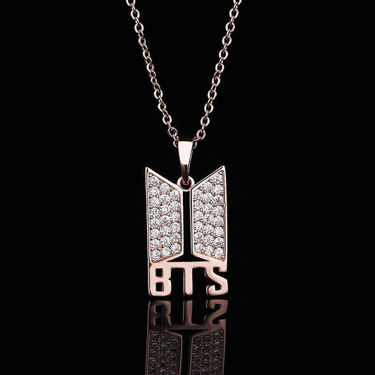 BTS Logo Crystal Rhinestone Pendant Necklace (Silver & Rose Gold)