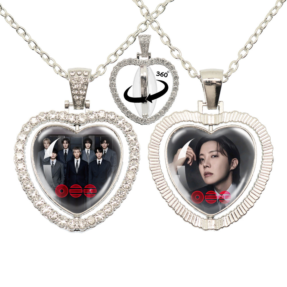 BTS Photo Rotating Rhinestone Heart Pendant Necklace