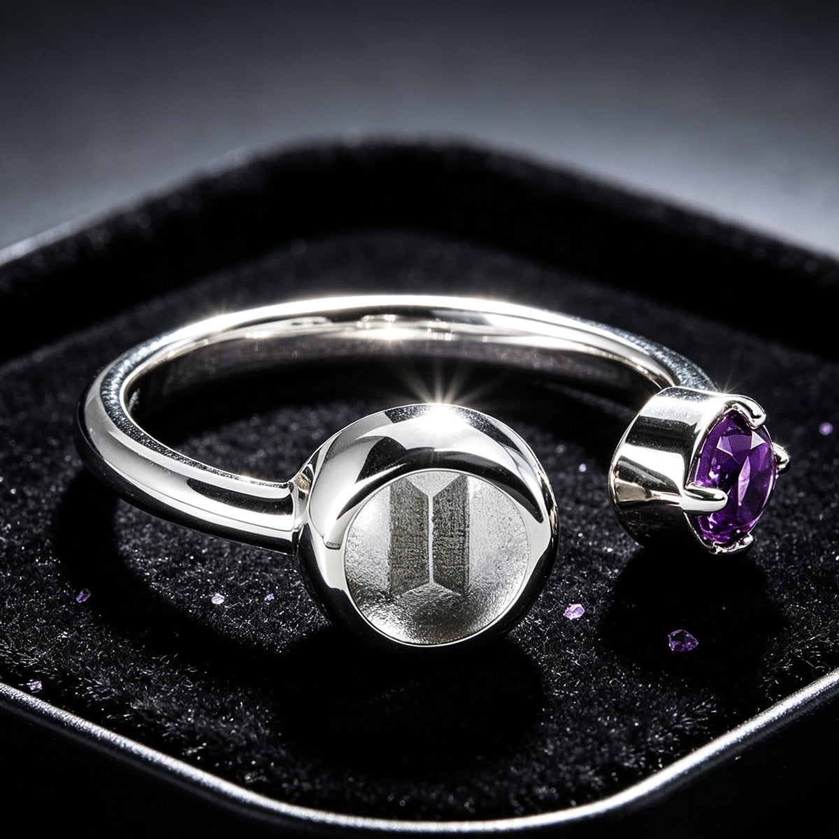 BTS Logo & Purple Gemstone Ring | Adjustable