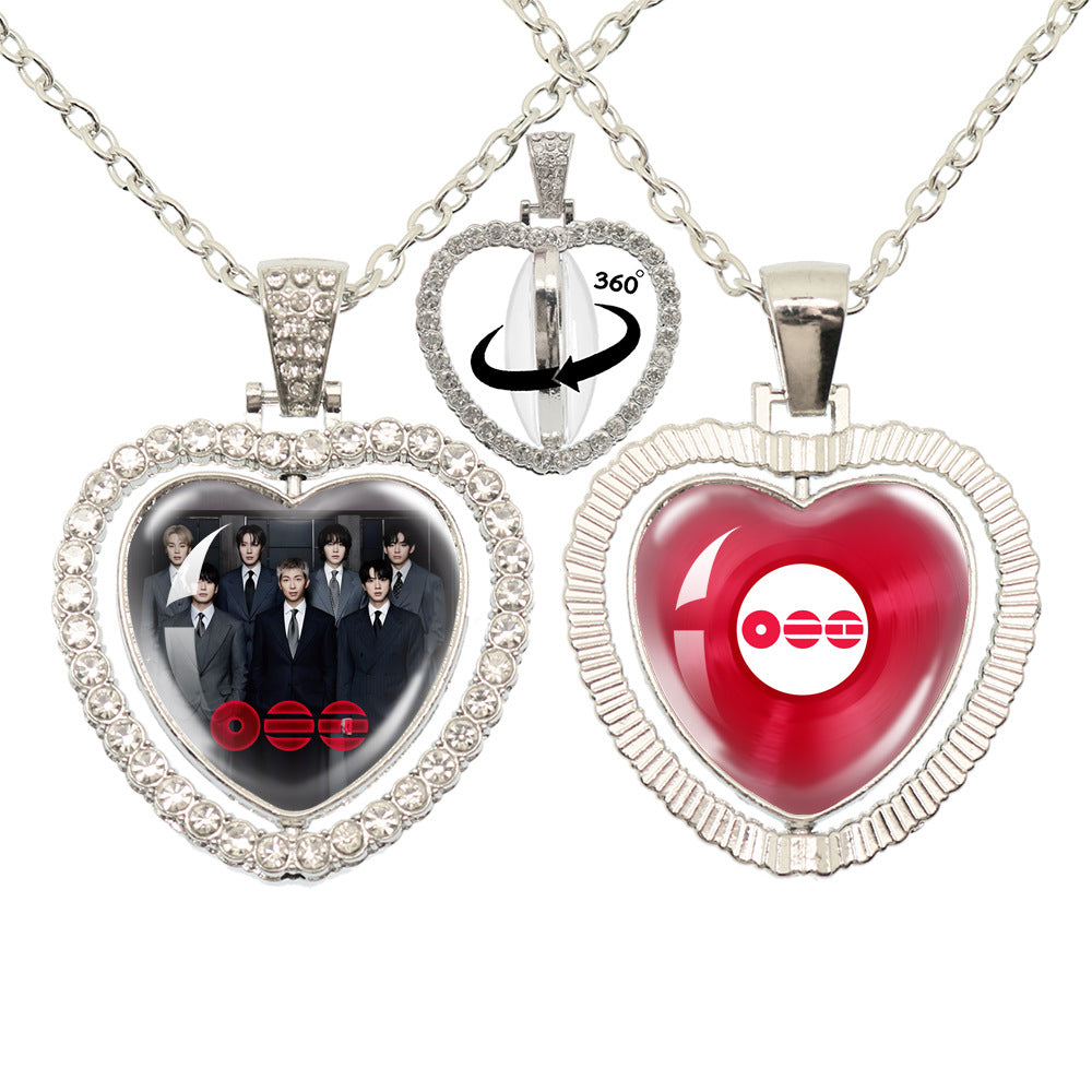 BTS Photo Rotating Rhinestone Heart Pendant Necklace