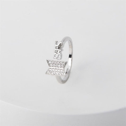 BTS Logo & Lettering Adjustable Rhinestone Open Ring