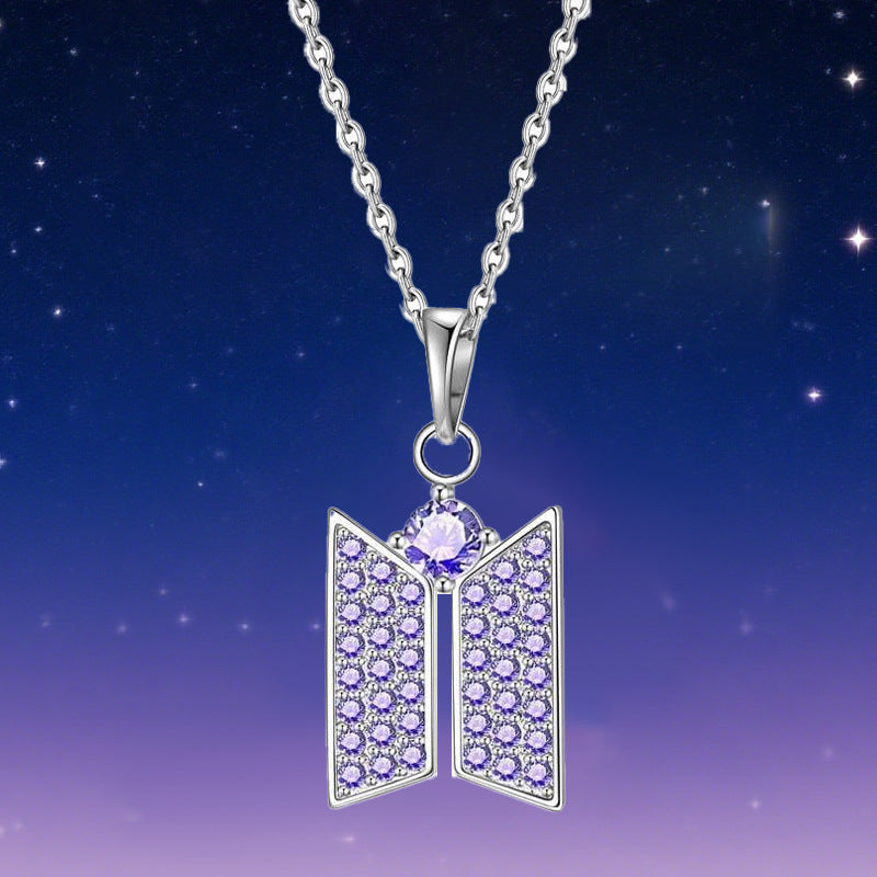 BTS Logo Necklace for Women | Purple Rhinestone Pendant
