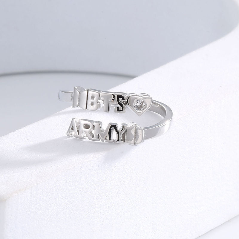 BTS x ARMY Heart Adjustable Silver Rhinestone Open Ring