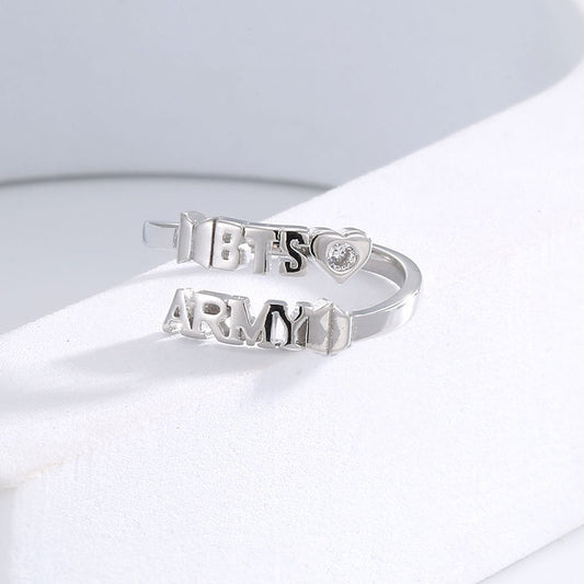BTS x ARMY Heart Adjustable Silver Rhinestone Open Ring