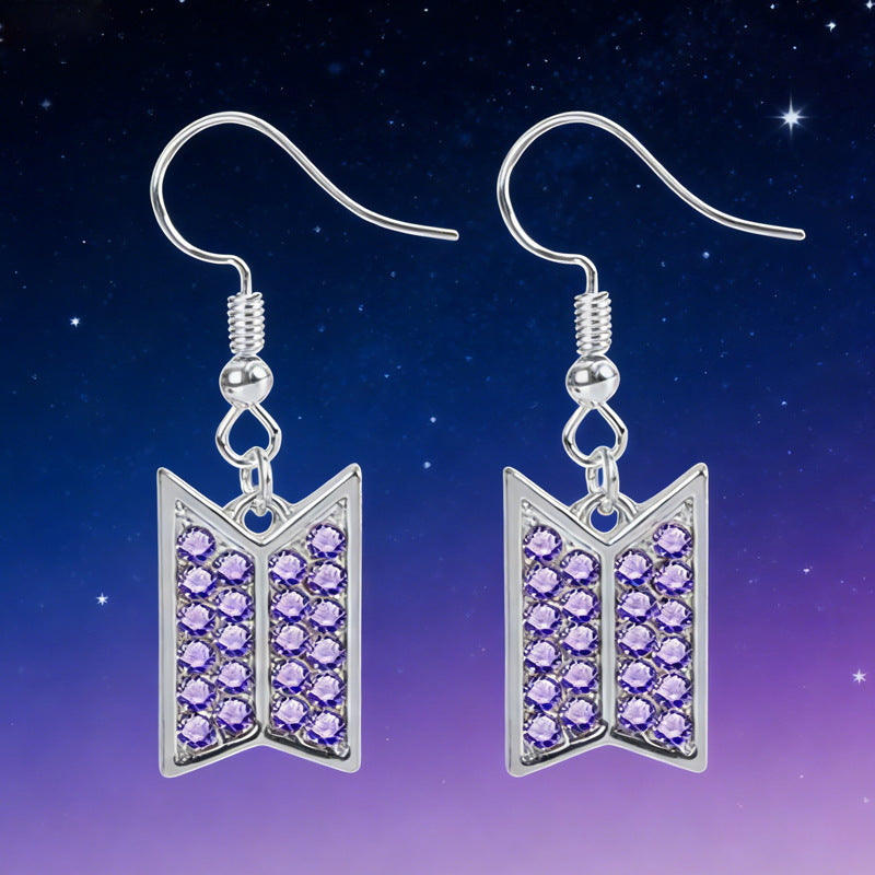 BTS Logo Hook Earrings | Purple Rhinestone Dangle