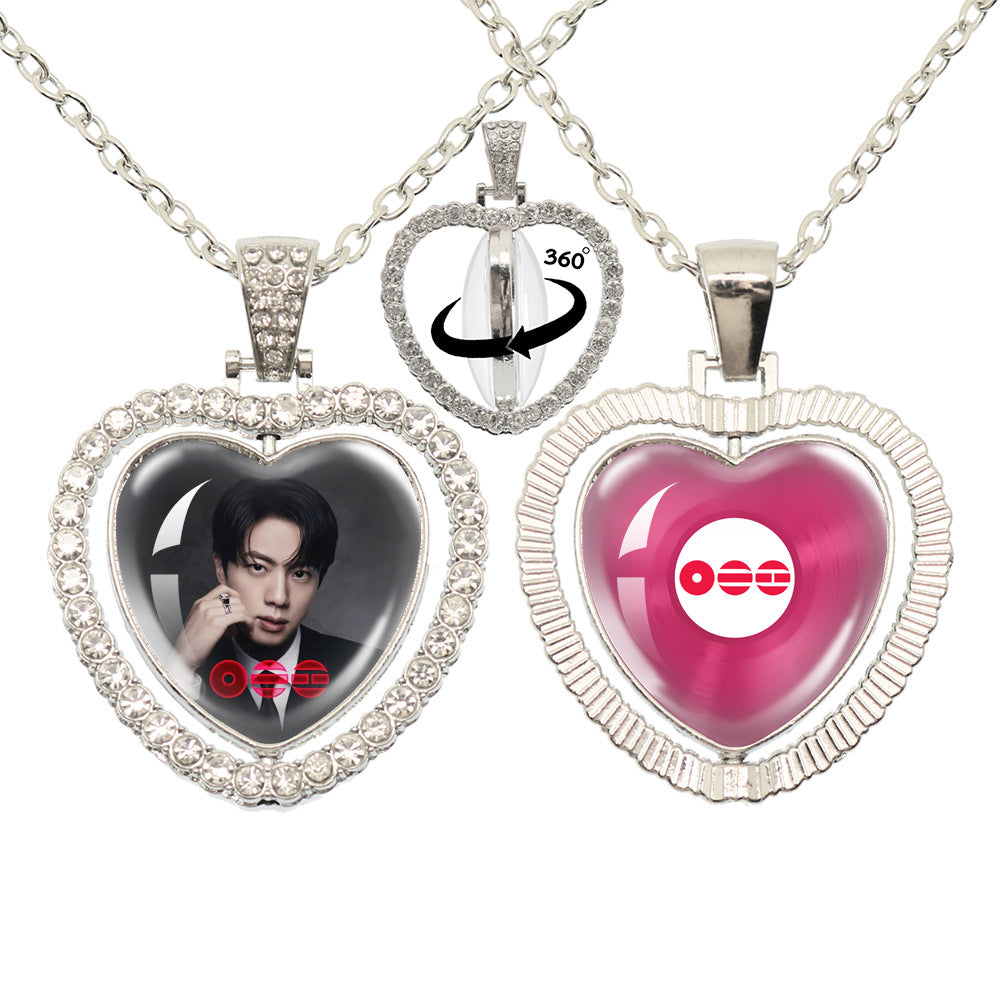 BTS Photo Rotating Rhinestone Heart Pendant Necklace