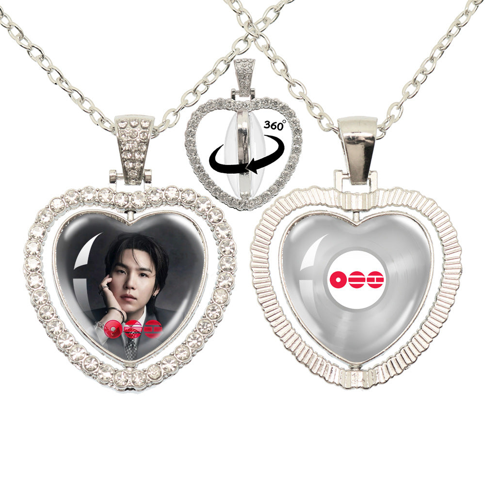BTS Photo Rotating Rhinestone Heart Pendant Necklace