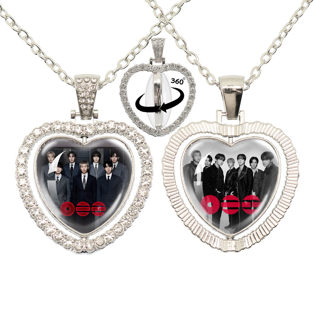 BTS Photo Rotating Rhinestone Heart Pendant Necklace