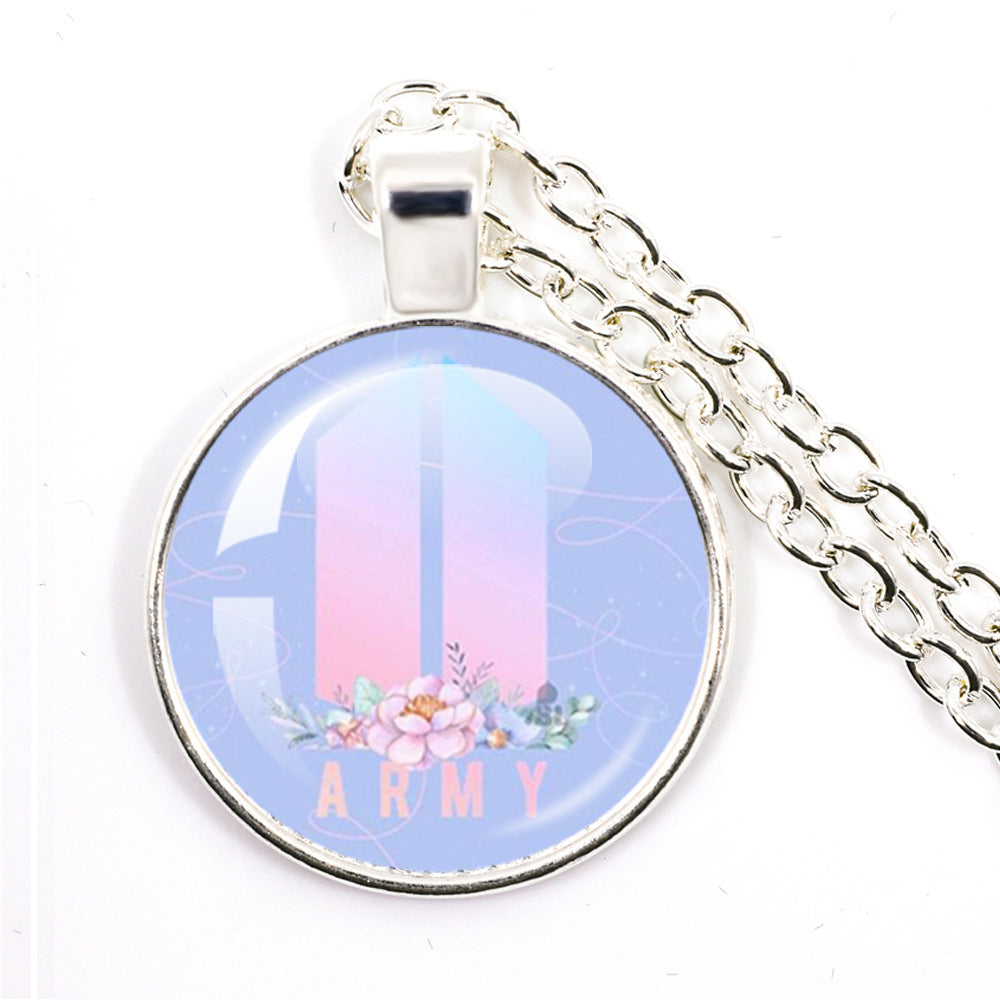 BTS Glass Cabochon Photo Pendant Chain Necklace