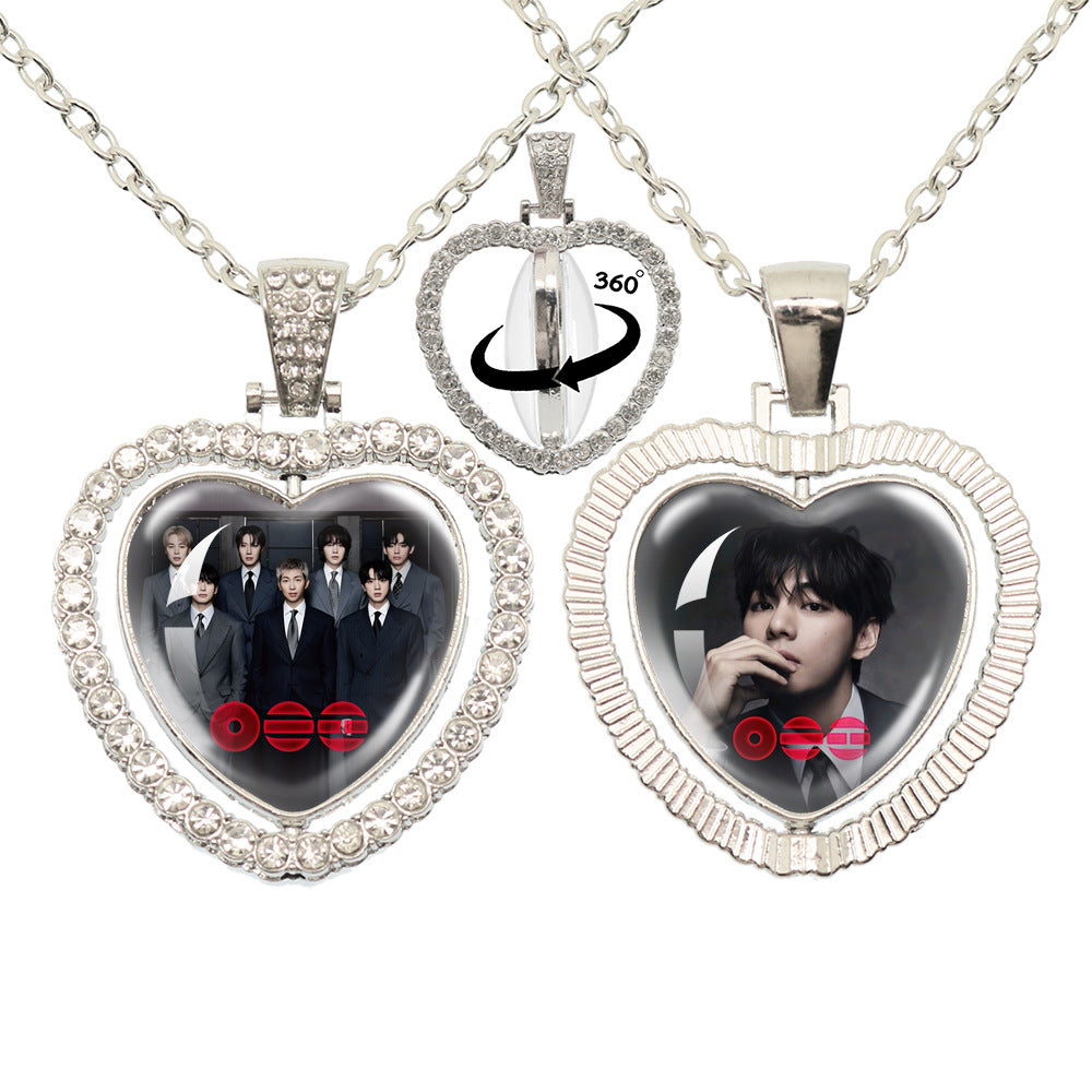BTS Photo Rotating Rhinestone Heart Pendant Necklace