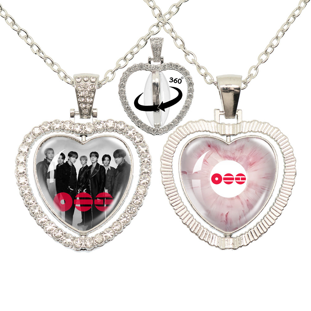 BTS Photo Rotating Rhinestone Heart Pendant Necklace