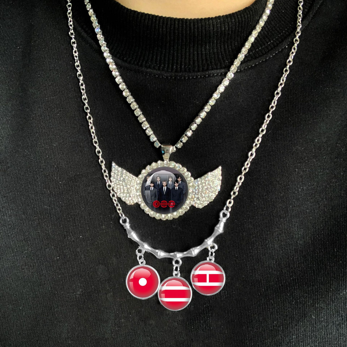 BTS Angel Wings & Time Gem Dangle Charm Layered Necklace Set