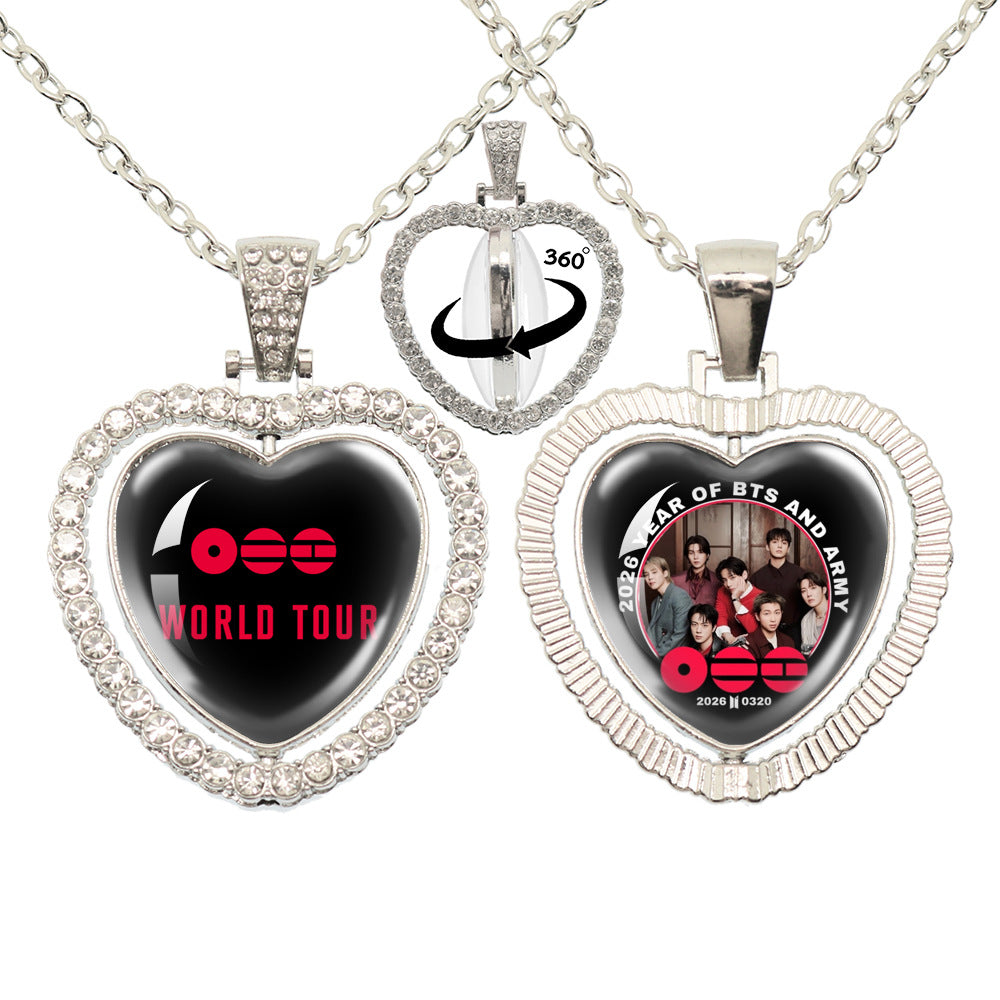 BTS Photo Rotating Rhinestone Heart Pendant Necklace