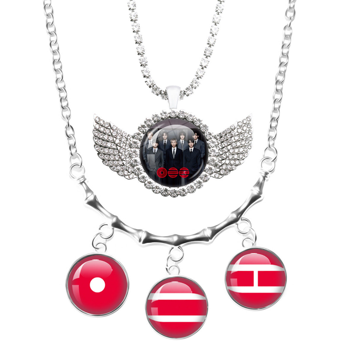 BTS Angel Wings & Time Gem Dangle Charm Layered Necklace Set