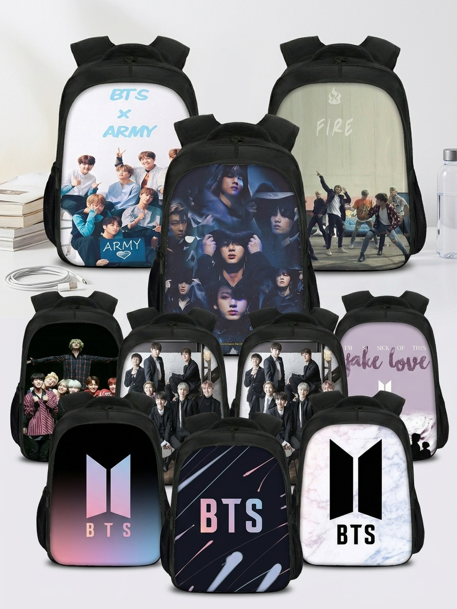 BTS Member Photo & Graphic Print Student Backpack
