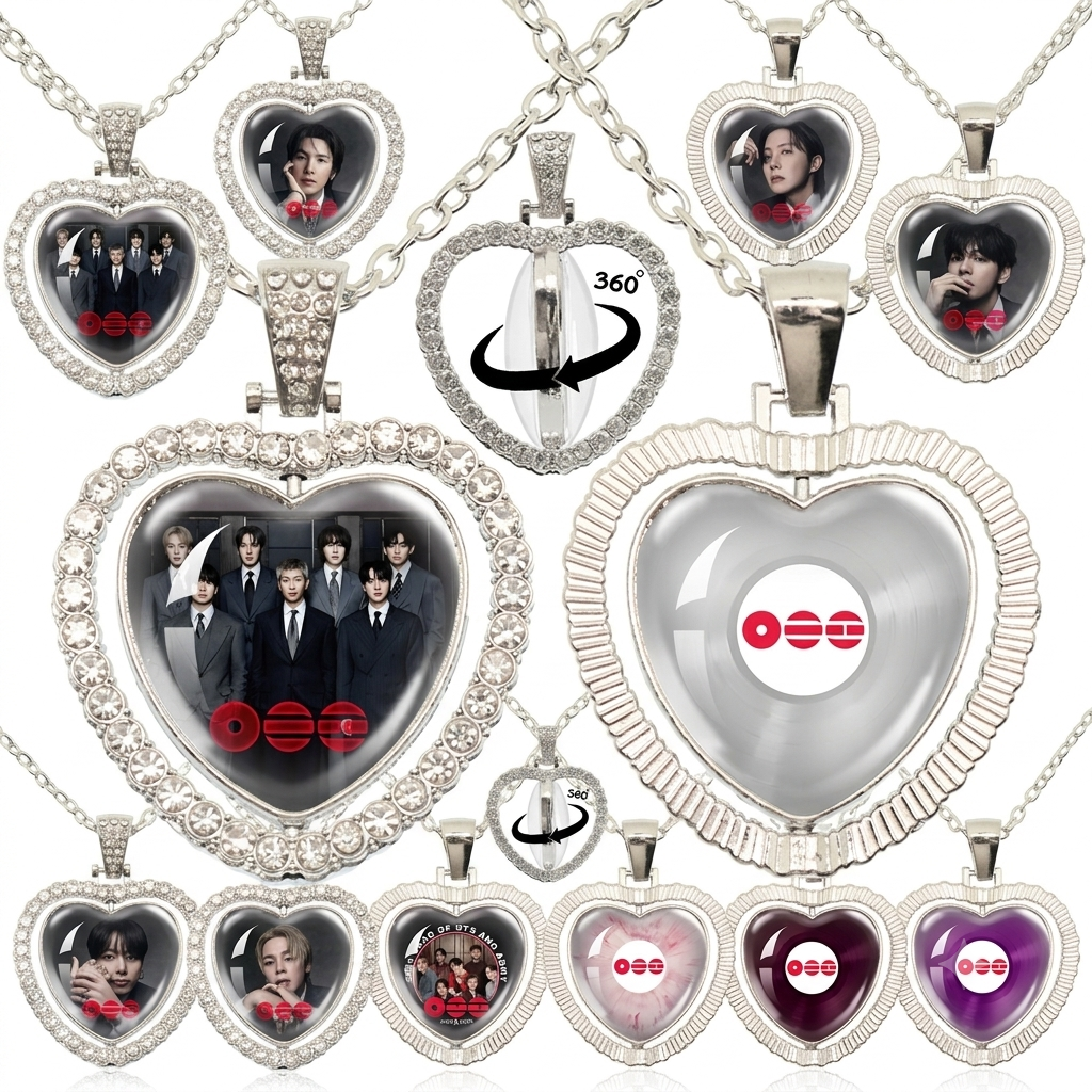 BTS Photo Rotating Rhinestone Heart Pendant Necklace