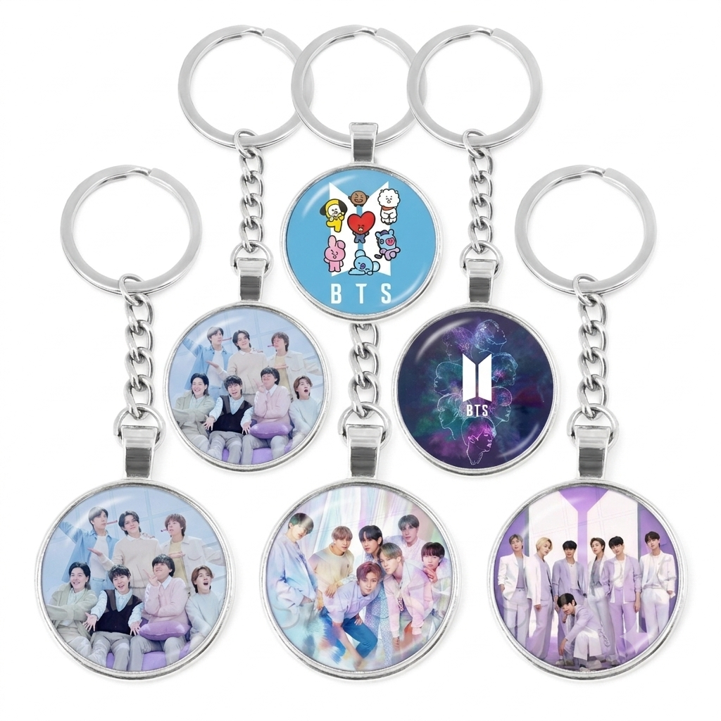 BTS Glass Cabochon Photo Pendant Keychain