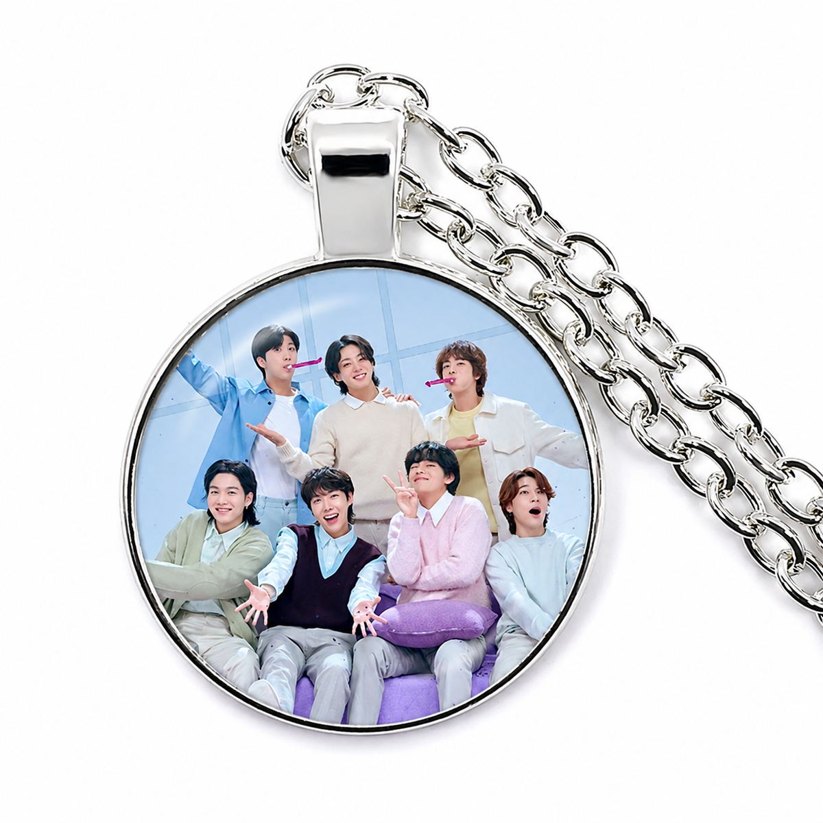 BTS Glass Cabochon Photo Pendant Chain Necklace