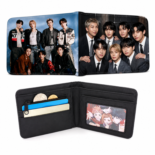 BTS Group Photo Printed Bifold Leather Wallet with Coin Pocket