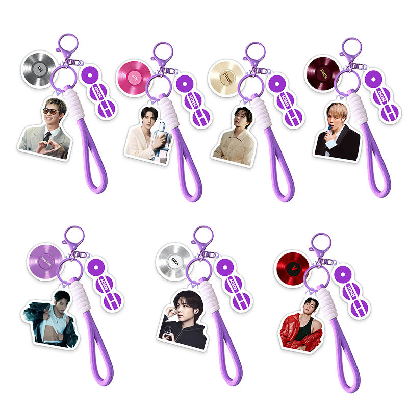 BTS Acrylic Keychain with Vinyl Record Charm | K-Pop ARMY Gift