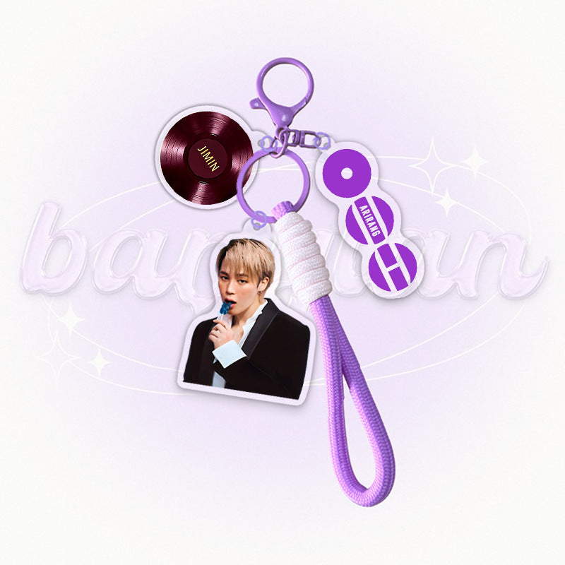 BTS Acrylic Keychain with Vinyl Record Charm | K-Pop ARMY Gift